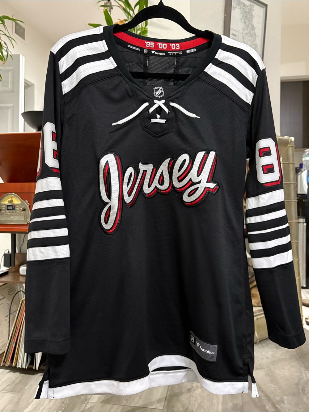 Fanatics Black Jersey Script Hockey Pullover with White and Red Accents